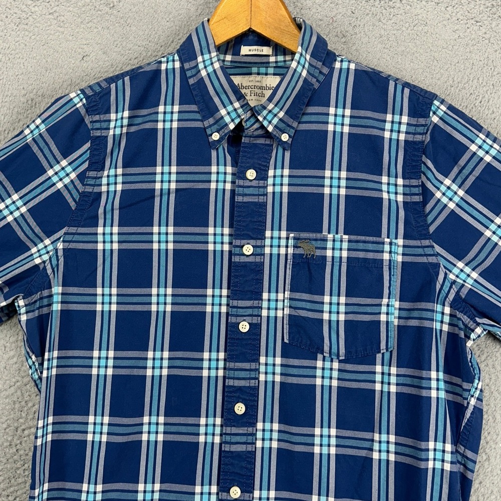 Abercrombie Fitch Button Down Shirt Mens 2XL Blue‎ Plaid Long Sleeve Pocket Logo